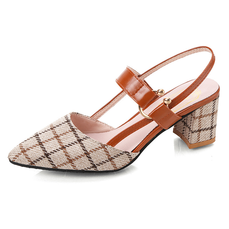 Coarse heeled hollow sandals with one button high heels 2024 new style shallow mouth temperament checkered pointed mid heel women's shoes hair replacement Coarse heeled hollow sandals with one button high heels 2024 new style shallow mouth temperament checkered pointed mid heel women's shoes hair replacement