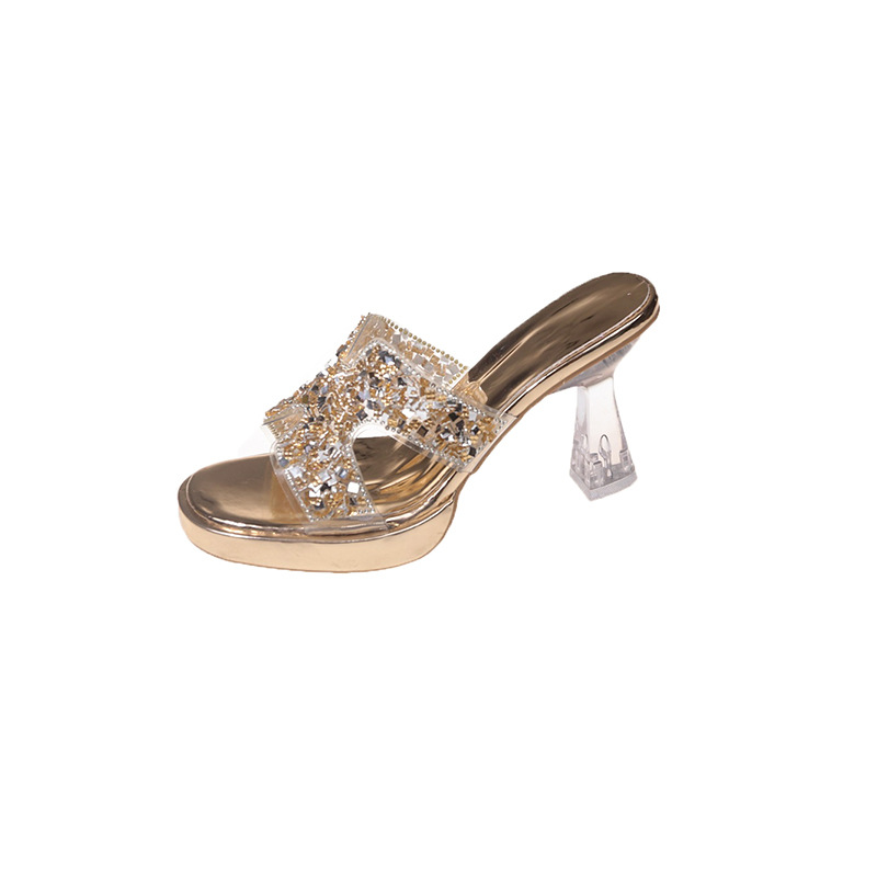 Fashionable rhinestone high heels, non tiring sandals, elegant temperament, thick heels, waterproof platform, thick soled slippers, single shoes, women's shoes Fashionable rhinestone high heels, non tiring sandals, elegant temperament, thick heels, waterproof platform, thick soled slippers, single shoes, women's shoes