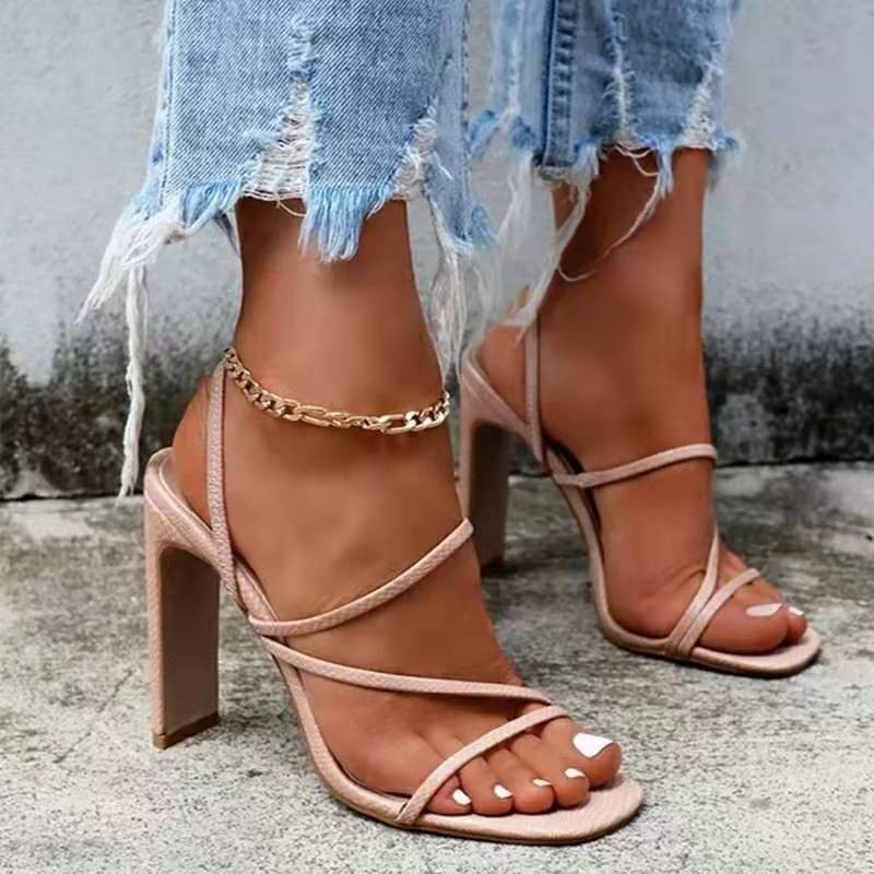 Foreign trade and single strap sandals for women, European and American fashion, thick heel, elastic band, solid color, simple Roman sandals for women Foreign trade and single strap sandals for women, European and American fashion, thick heel, elastic band, solid color, simple Roman sandals for women