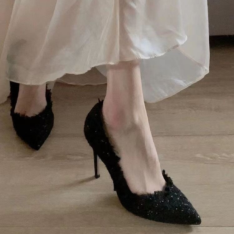 High heels, women's slim heels, 2024 new autumn and winter woven European and American French pointed single shoes, small fragrant style women's shoes High heels, women's slim heels, 2024 new autumn and winter woven European and American French pointed single shoes, small fragrant style women's shoes