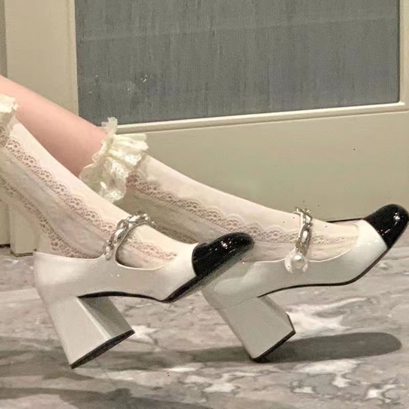 2025 New Round Head High Heel Single Shoes Japanese JK Sweet Mary Jane Shoes Thick Heel Pearl One Button Large Women's Shoes