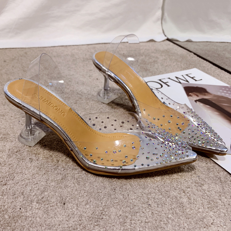 European and American plus size transparent high-heeled sandals for women wearing high heels with rhinestones, fishmouth shoes, slim high heels, and crystal shoes European and American plus size transparent high-heeled sandals for women wearing high heels with rhinestones, fishmouth shoes, slim high heels, and crystal shoes