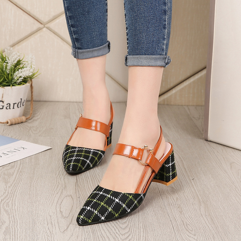 Coarse heeled hollow sandals with one button high heels 2024 new style shallow mouth temperament checkered pointed mid heel women's shoes hair replacement Coarse heeled hollow sandals with one button high heels 2024 new style shallow mouth temperament checkered pointed mid heel women's shoes hair replacement
