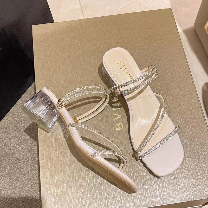 French style rough heel rhinestone slippers for women, worn as outerwear. 2024 new summer fairy style quality slippers French style rough heel rhinestone slippers for women, worn as outerwear. 2024 new summer fairy style quality slippers