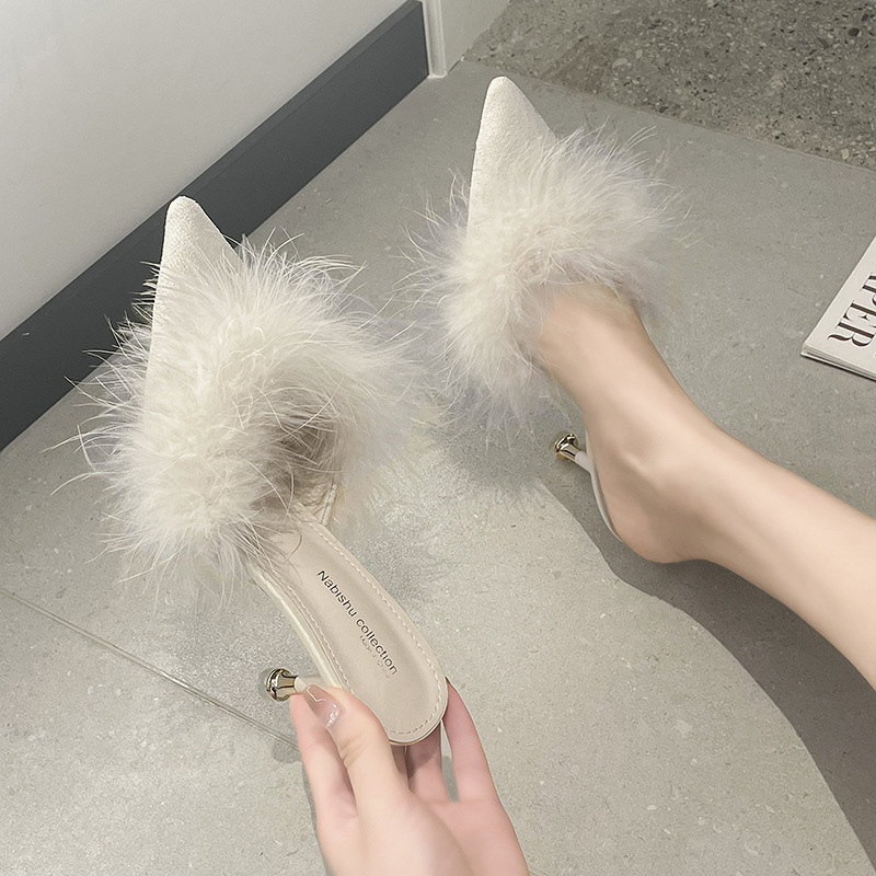 2024 New High Heel Slippers for Foreign Trade Large High Heels Thin Heels Hairy Pointed Sandals Wholesale and Delivery for Women