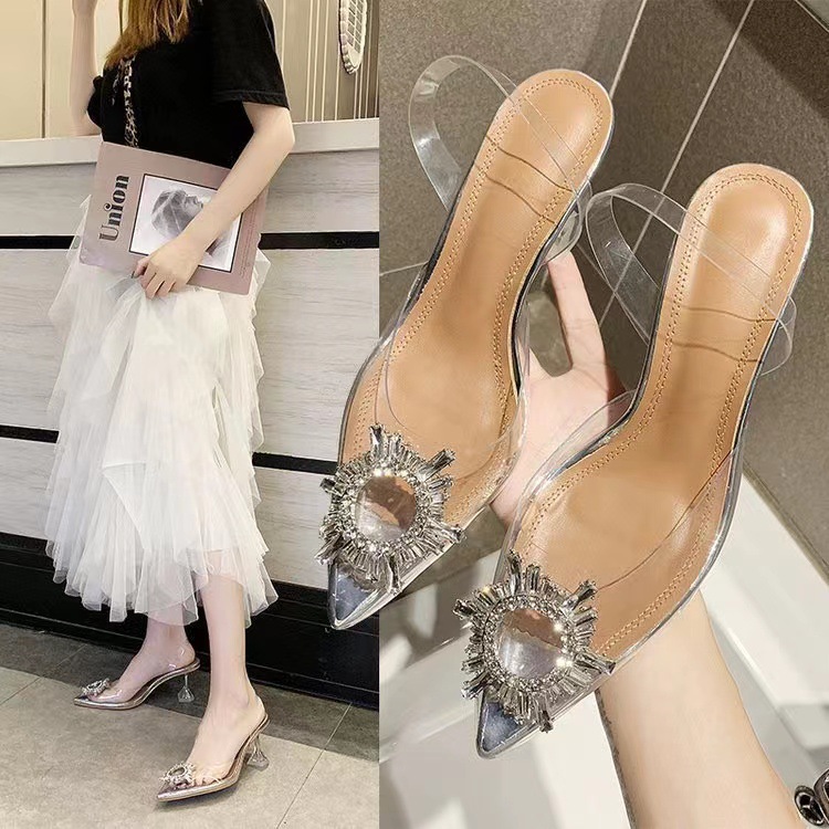 202 Summer New Korean Edition Diamond Transparent Crystal Shoes High Heels Sandals Thin Heels Women's Shoes Large 43