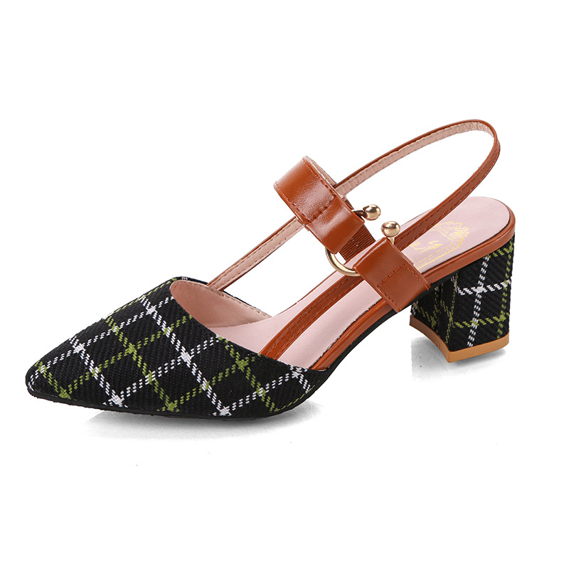 Coarse heeled hollow sandals with one button high heels 2024 new style shallow mouth temperament checkered pointed mid heel women's shoes hair replacement Coarse heeled hollow sandals with one button high heels 2024 new style shallow mouth temperament checkered pointed mid heel women's shoes hair replacement