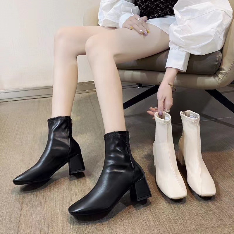 Korean version square toe thick heel short boots for women, new fashionable style with back zipper, mid leg high heels, Martin boots for women