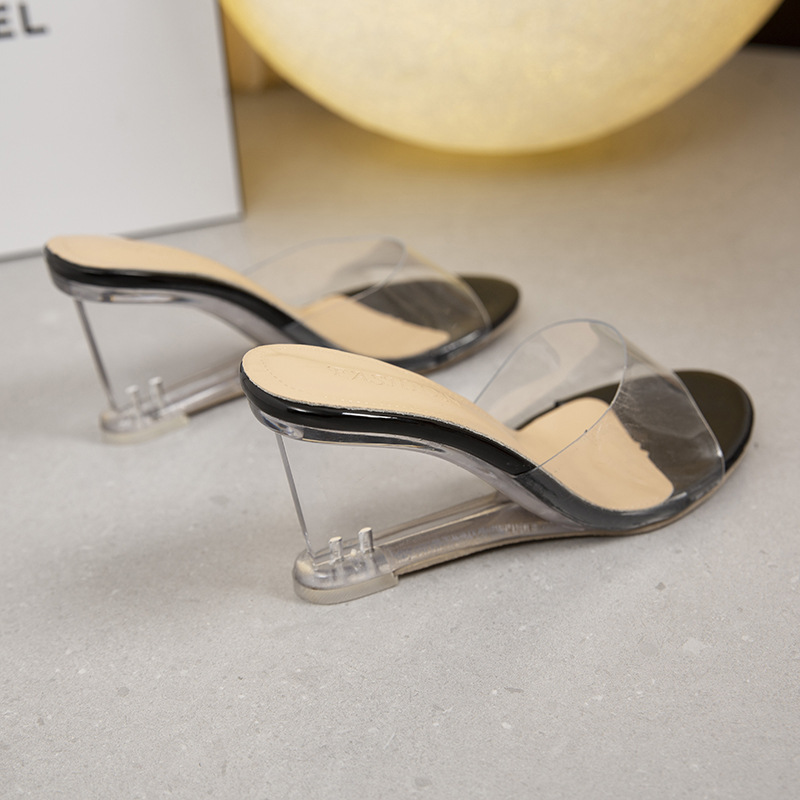 2024 Summer New Fashionable High Heel Slippers, Women's Transparent Slope Heel Shoes, One Line Outward Wearing, Fairy Wind Cool Slippers, Trendy 2024 Summer New Fashionable High Heel Slippers, Women's Transparent Slope Heel Shoes, One Line Outward Wearing, Fairy Wind Cool Slippers, Trendy