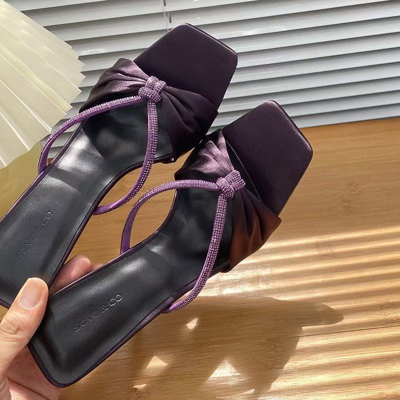Purple satin rhinestone straight strap sandals for women in summer 2025, new butterfly dew toe style, high heels for wearing outside, cool slippers