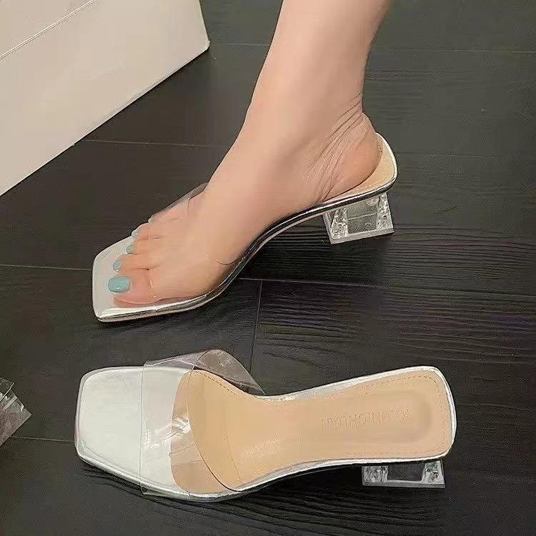 Transparent crystal slippers for women's outdoor wear 2023 summer new style, thick high heels, square toe, exposed toe, cool slippers for women's outdoor wear in summer Transparent crystal slippers for women's outdoor wear 2023 summer new style, thick high heels, square toe, exposed toe, cool slippers for women's outdoor wear in summer