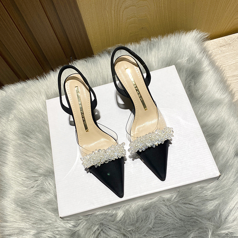 Baotou sandals for women in spring and summer 2024, new French style transparent pointed toe small heel white high heels, slim matching shoes Baotou sandals for women in spring and summer 2024, new French style transparent pointed toe small heel white high heels, slim matching shoes