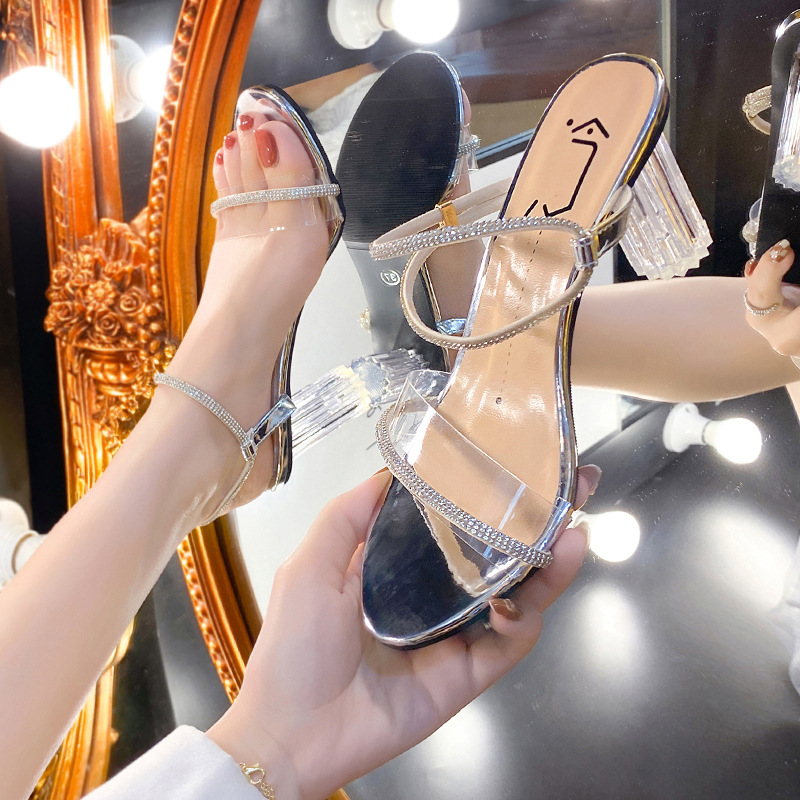 Crystal high heels for women 2024 new model, internet famous, transparent French straight strap sandals, fairy style high heels, thick heels, summer