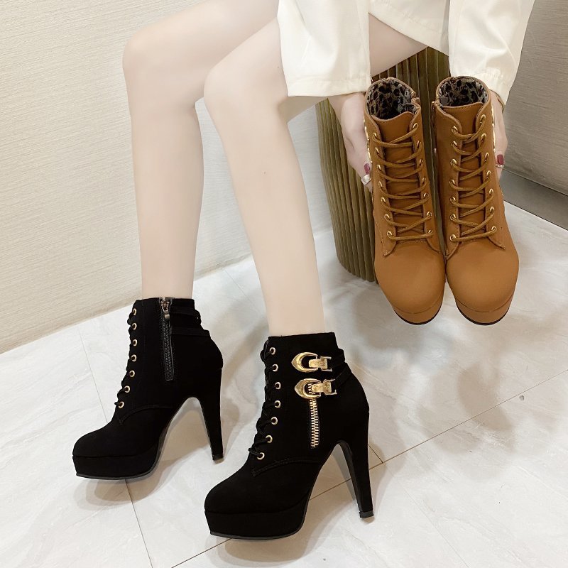 2024 new cross-border plus size Martin boots for women, European and American fashion, lace up side zipper, super high heels, solid color short boots