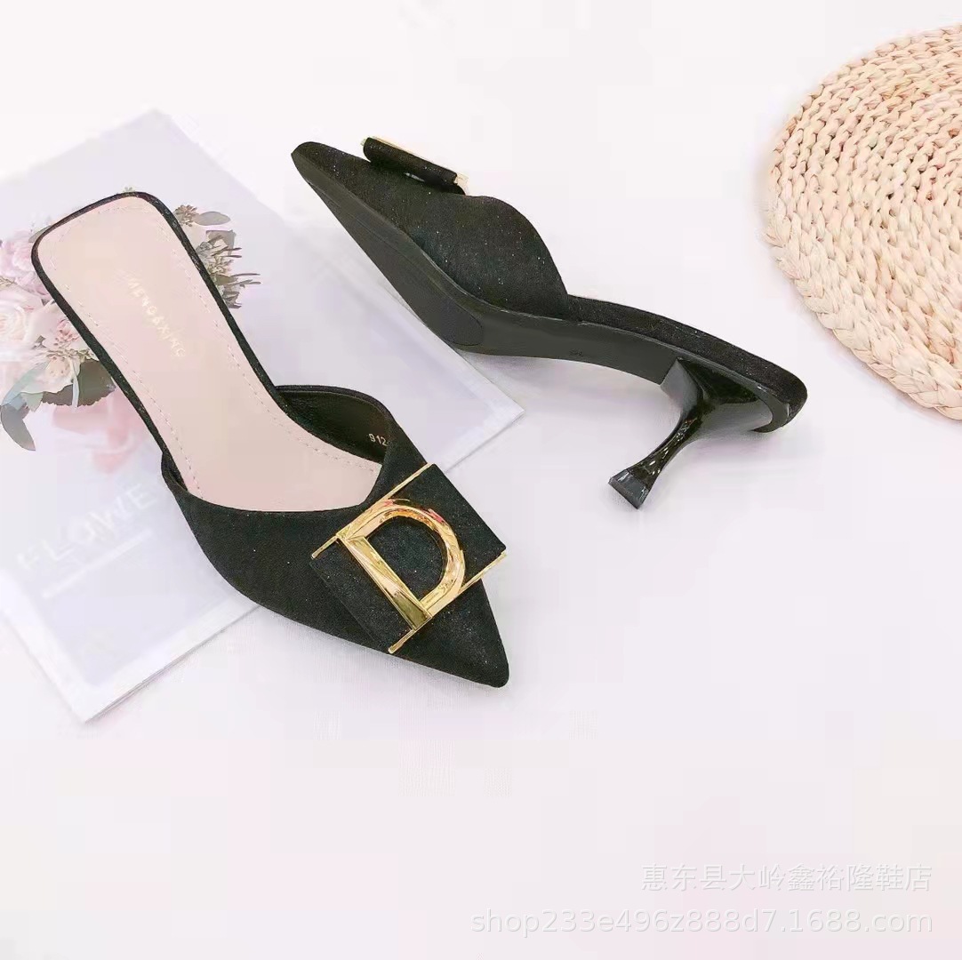 2022 New Internet Celebrity D-Button Middle Heel Baotou Sexy Sandals with Sharp Point and Thin Heel Back Empty Women's Shoes 2022 New Internet Celebrity D-Button Middle Heel Baotou Sexy Sandals with Sharp Point and Thin Heel Back Empty Women's Shoes