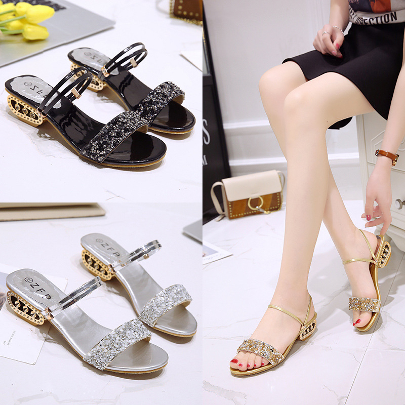 Cool slippers for women in the summer of 2024, with rhinestone sequins and a straight strap for outdoor wear, fashionable European and American style. One shoe, two sandals for women