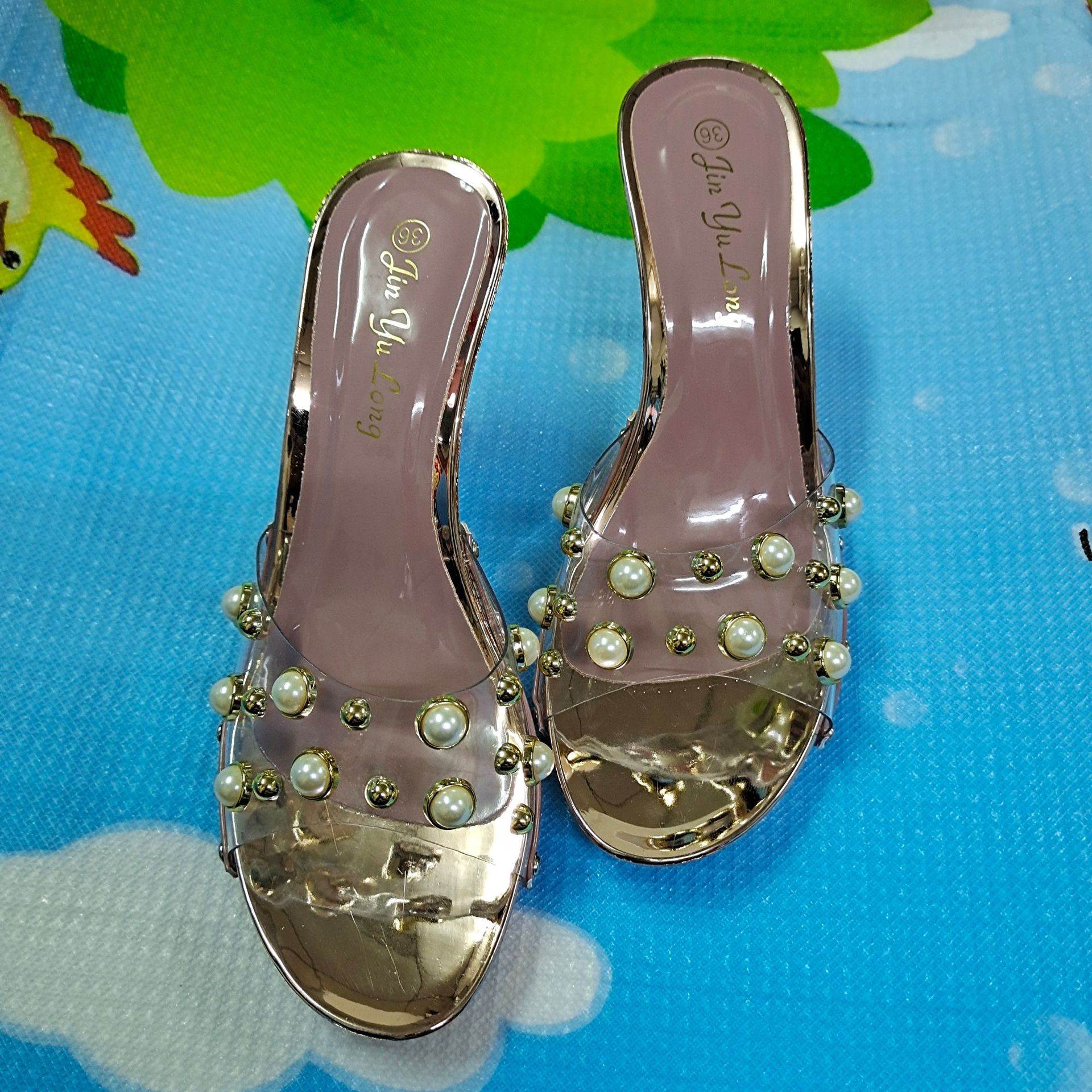 2022 New Summer Fashion Outerwear Glass Glue Beaded Fine Heel Hard Bottom Korean Edition Cool Slippers