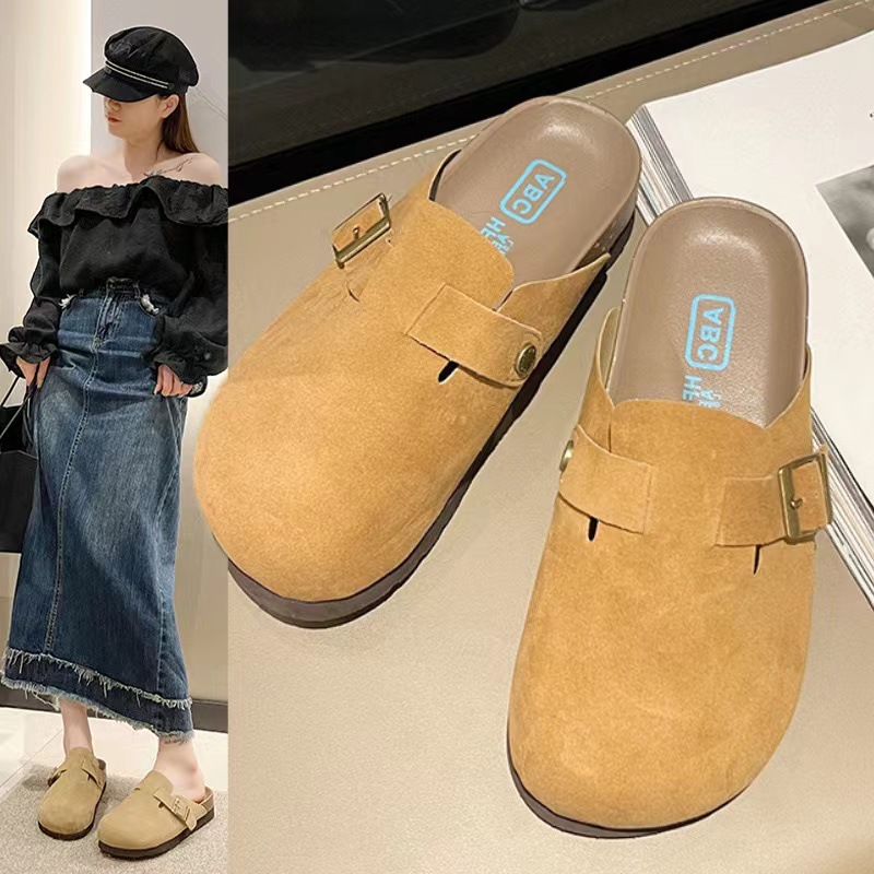 British Boken Shoes Women's 2024 New Spring and Autumn Thick Bottom Boken Baotou Half Slippers for Wearing Outside, One Step Lazy Shoes