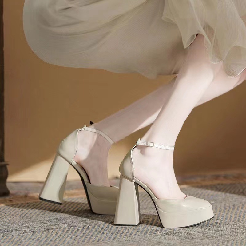 Mary Jane's thick heel high-heeled shoes for women 2024 new fairy style waterproof platform French square toe buckle strap single shoe Mary Jane's thick heel high-heeled shoes for women 2024 new fairy style waterproof platform French square toe buckle strap single shoe