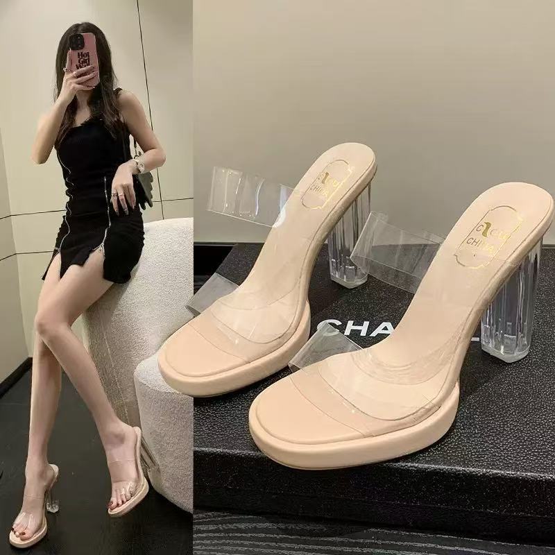 Summer 2025 Foreign Trade Large Size Transparent Crystal High Heels for Women, New Water Diamond External Cooling Slippers, European and American PU Internet Celebrity