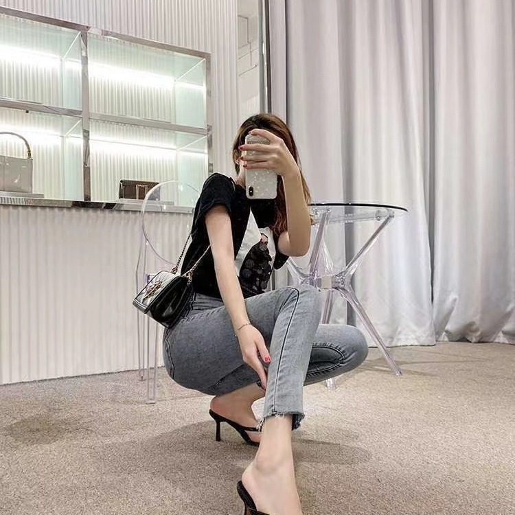 Black toe sandals, women's word slippers, high heels, slim heels, clip on feet, fashionable and versatile slippers, square toe sandals, summer slippers Black toe sandals, women's word slippers, high heels, slim heels, clip on feet, fashionable and versatile slippers, square toe sandals, summer slippers