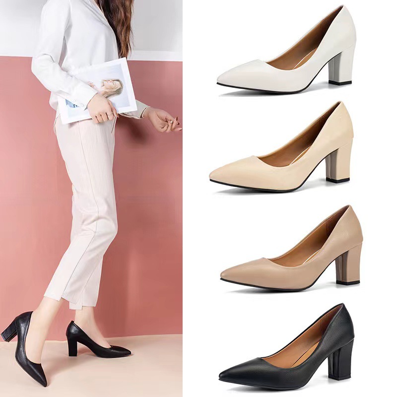Fashion Single Shoes Women's Coarse Heel 202 Spring New Pointed Work Shoes Shallow Mouth One Step Kick Korean Version High Heels Simple