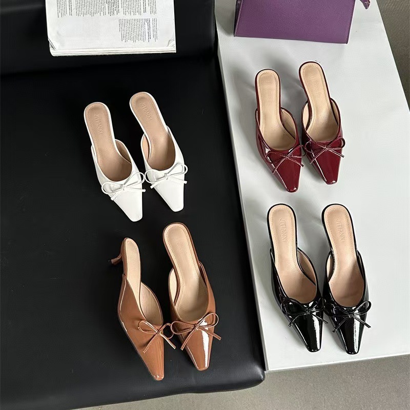 2024 Summer New Butterfly Knot, Medium and Fine Heels, Muller Shoes, Half Head, Half Slippers, Women's Large High Heels, Single Shoes, Cool Slippers