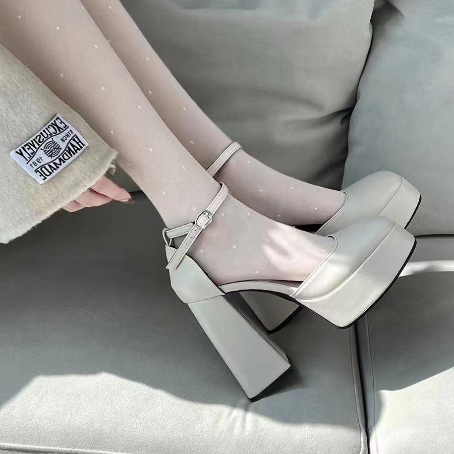 Mary Jane Thick Heels Women's 2025 New Fairy Style Waterproof Platform French Square Head One Button Strap Single Shoes