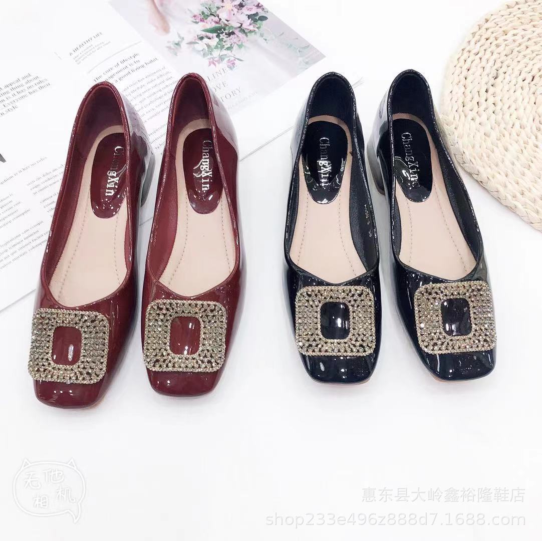 Single shoe women's 2022 spring/summer new Korean version square toe rhinestone square buckle fashionable bean shoes Single shoe women's 2022 spring/summer new Korean version square toe rhinestone square buckle fashionable bean shoes