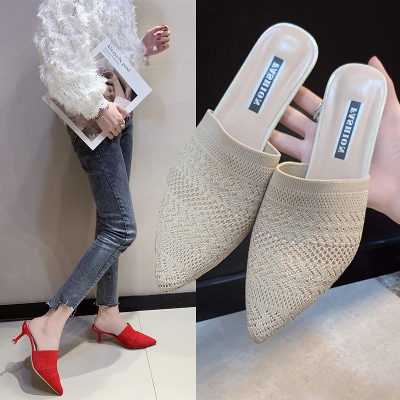 Internet celebrity Flyknit Head Wear 2024 Spring New Knitted Hollow Point High Heel Slippers Women's Bag Women's Cool Slippers Internet celebrity Flyknit Head Wear 2024 Spring New Knitted Hollow Point High Heel Slippers Women's Bag Women's Cool Slippers
