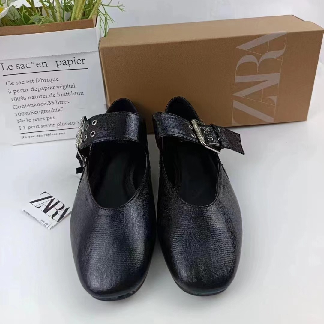 ZA2024 New Spring Black Lace Buckle Mary Jane Style Flat Ballet Shoes Flat Heel Round Head Shallow Mouth Single Shoe