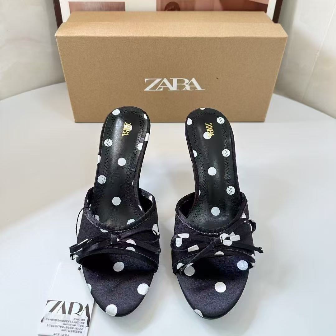 The new ZA model looks great on the feet! Retro polka dot slim strap high-heeled sandals 2025 sexy sandals