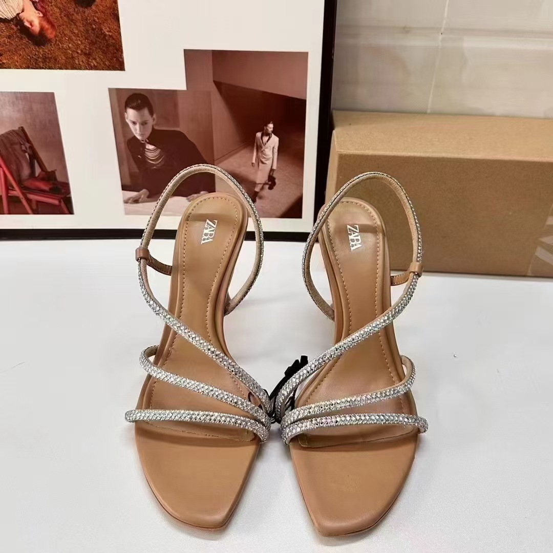 ZA Summer New Product 2024 French High Heels with Pointed Water Diamond Decoration, Fine Strap, Rear Hook Strap, Exposed Heel, Fine Heel Sandals for Women
