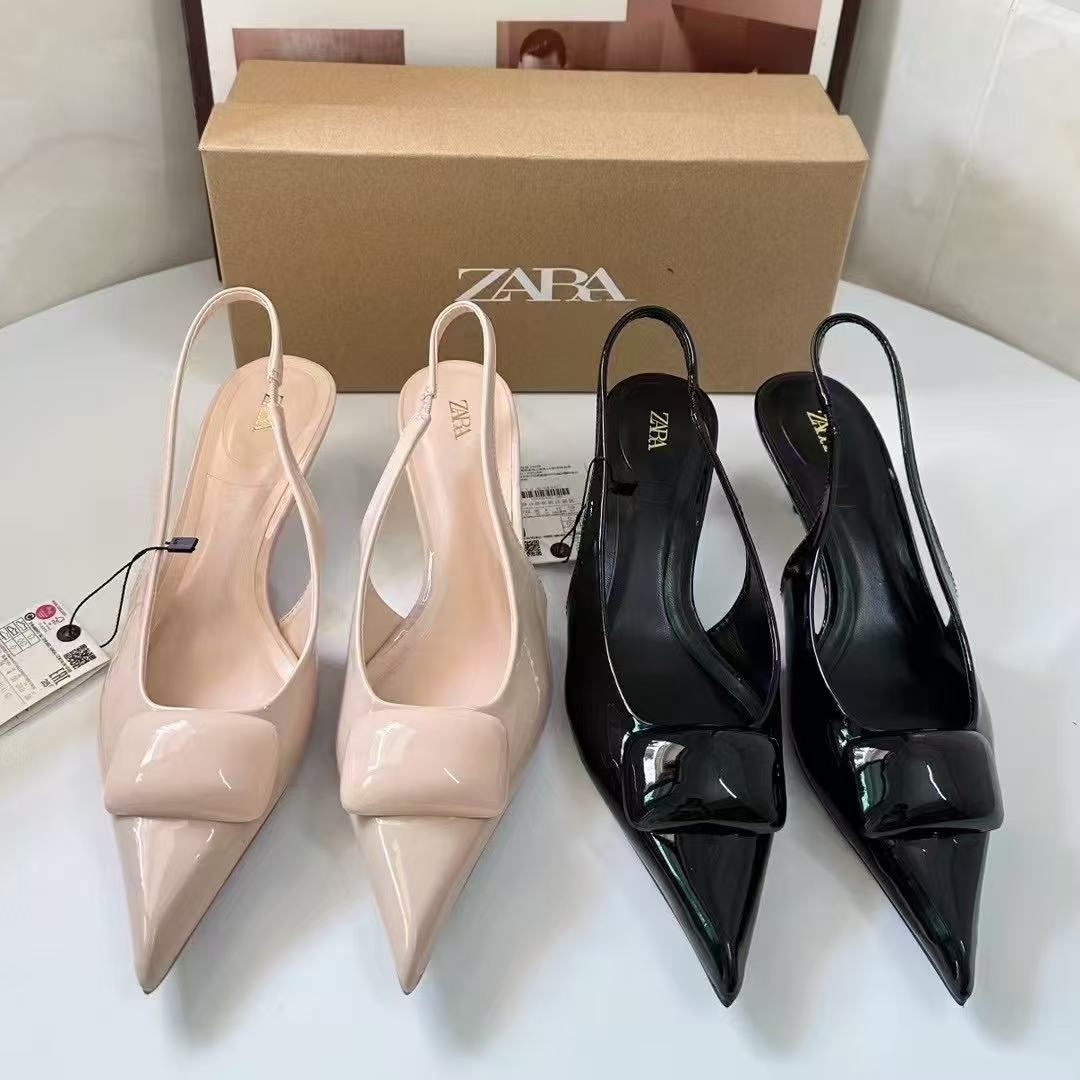 ZAR Spring New Women's Shoes Black Lacquered Leather Square Buckle Dew Heel Muller Shoes Shallow Mouth Work Single Shoes Cat Heel Sandals