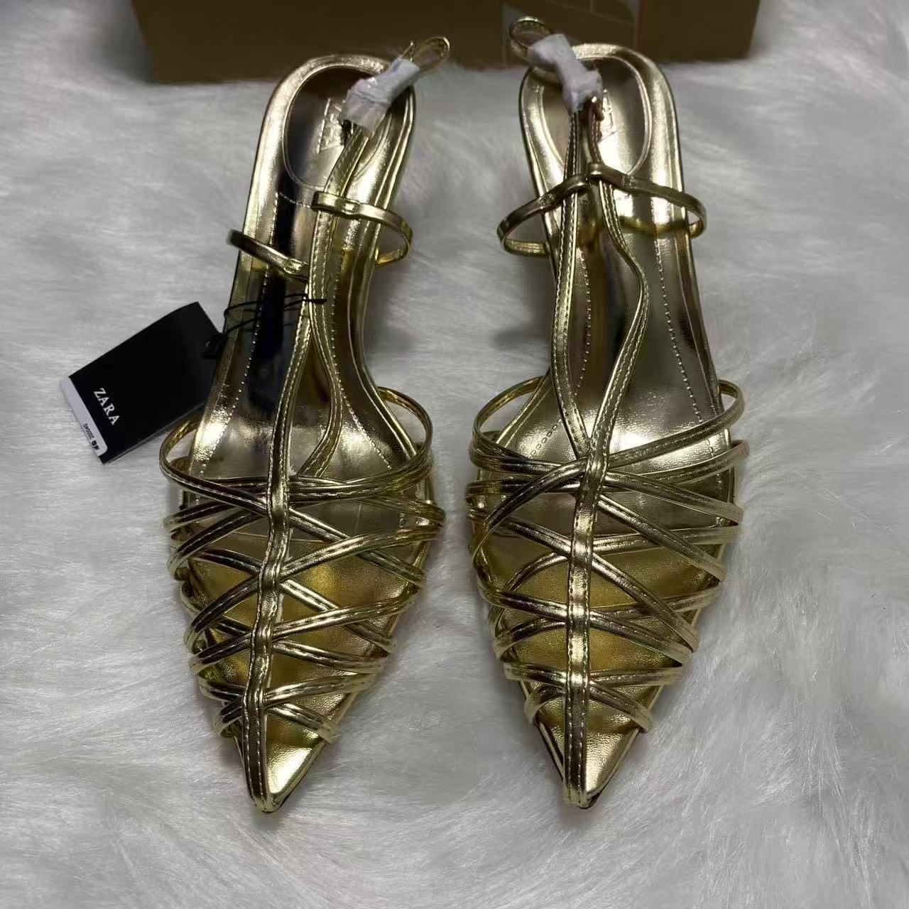 ZA Home 2025 Summer New Ins Fashion Show Plated Heel Steel Heel Straight Buckle Strap Simple Open Toe Women's Shoes