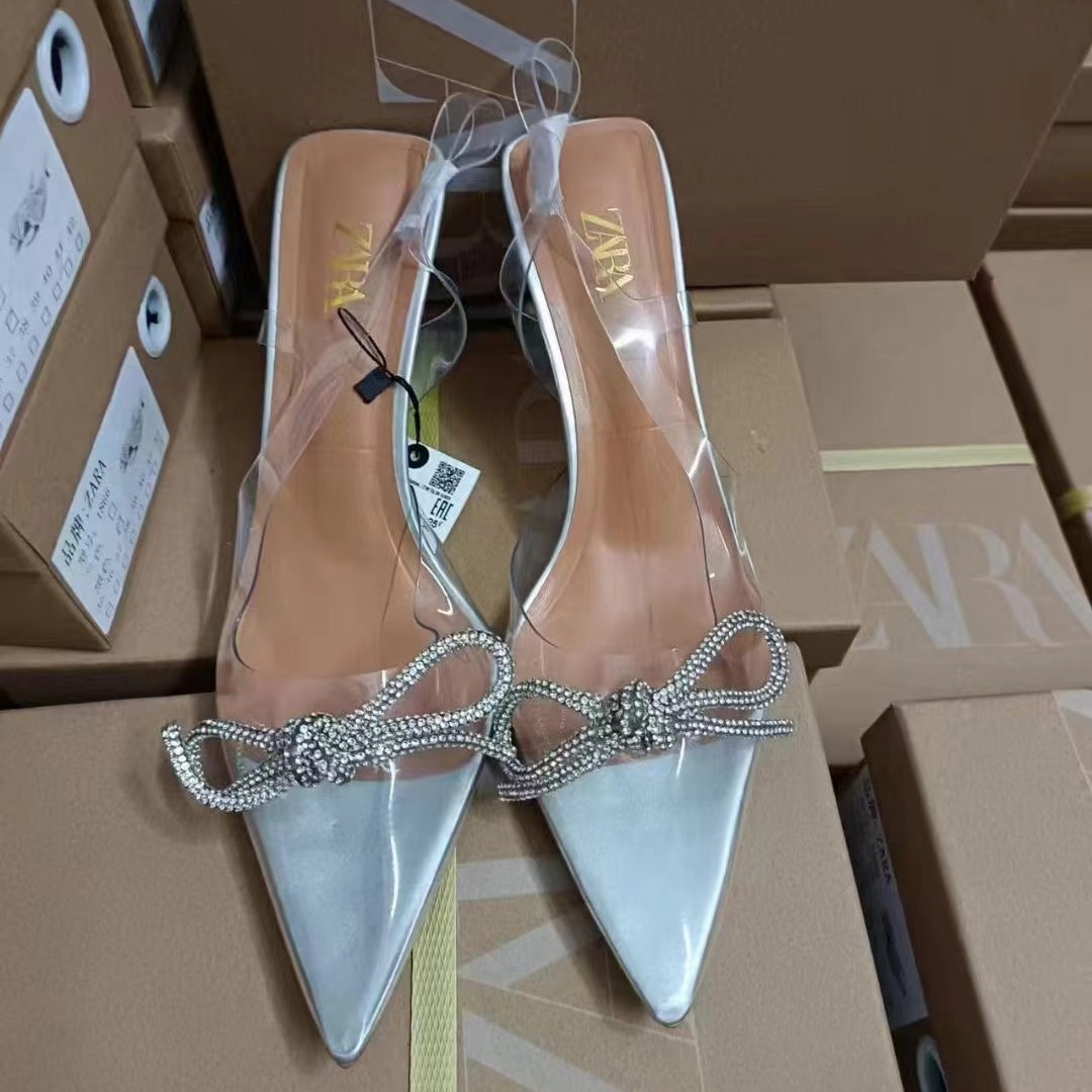 ZA2024 Summer New Women's Shoes PVC Transparent High Heels Women's Pointed Headtips Crystal Heels Water Diamond Bow Shoes
