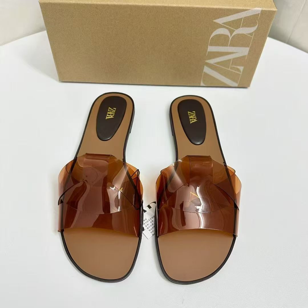 ZA2025 Summer New Women's Shoes One Word Fashion Korean Edition Transparent Jelly Sandals Flat Women's Head Sandals