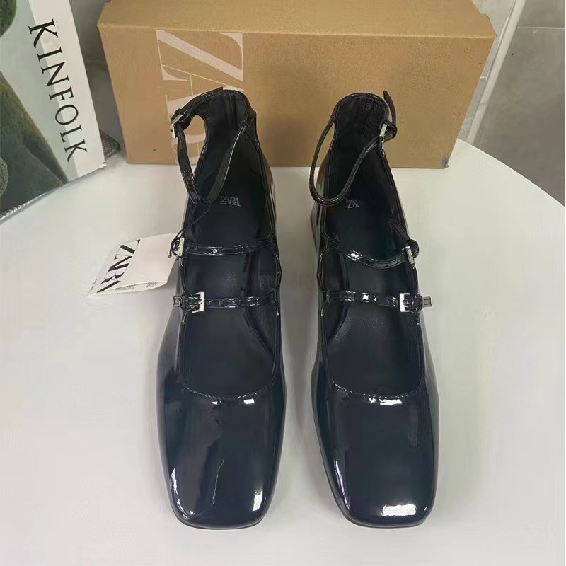 ZA new 2024 European and American style square toe thick heel straight strap single shoe black Mary Jane buckle fashion sandals for women