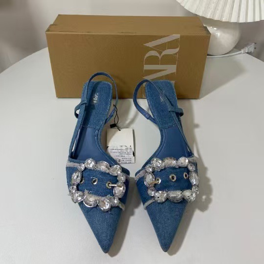 ZA High Heels Women's 2025 New Pointed Blue Denim Women's Shoes with Water Diamond Square Buckle Decoration Fine Heels Fashion Sandals for Women