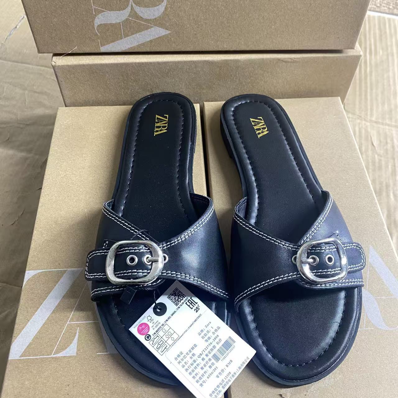 ZA 2025 Summer New Women's Shoes Flat Sandals Women's Belt External Sandals Black One Word Versatile Sandals