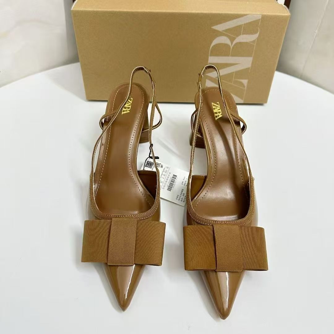 ZA2025 autumn new style rear strap thick high-heeled shoes with pointed toe, satin bow sandals, fashionable women's shoes