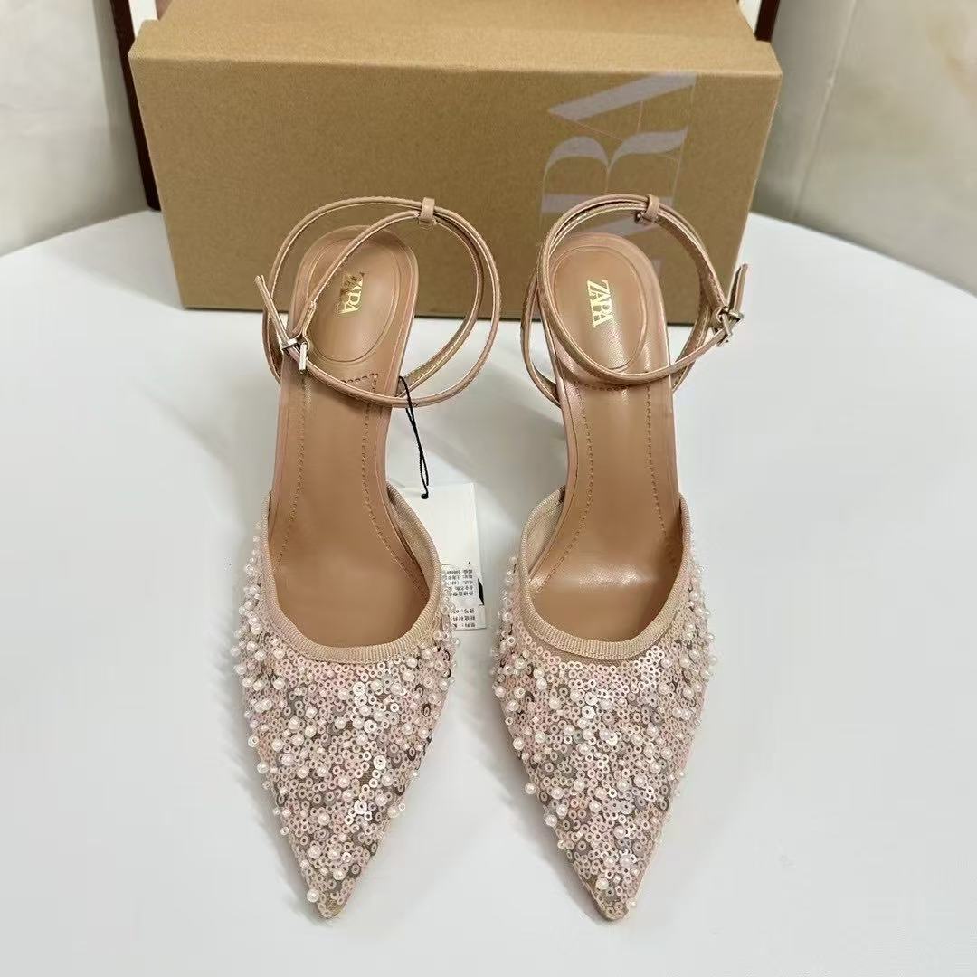 ZA Summer New Women's Shoes Black Shining Mesh Bead Embroidered Pearl Full Diamond High Heels Pointed Toe Dew Heels Muller Shoes