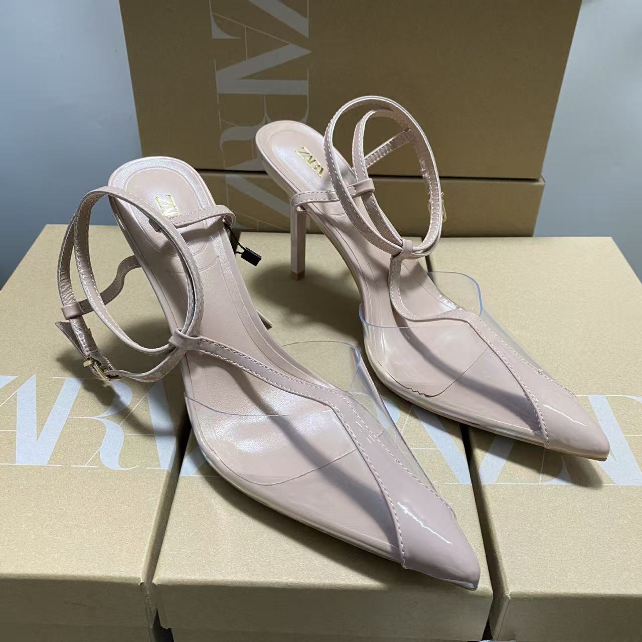 ZA2025 Summer New Product Apricot Transparent One Word Strap with Toe Exposed T-shaped Rear Tripod Strap European and American Style Fine Heel High Sandals