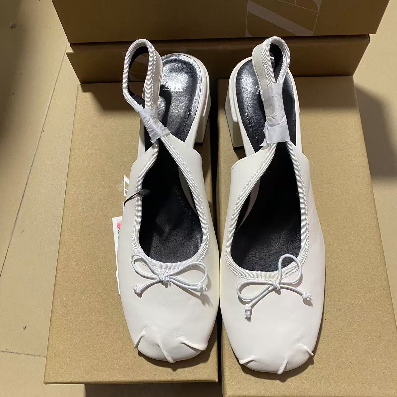 ZA2024 Autumn New Ballet Style Women's Shoes White Dew Heel Bow Decoration High Heels Casual Round Head Coarse Heel Sandals