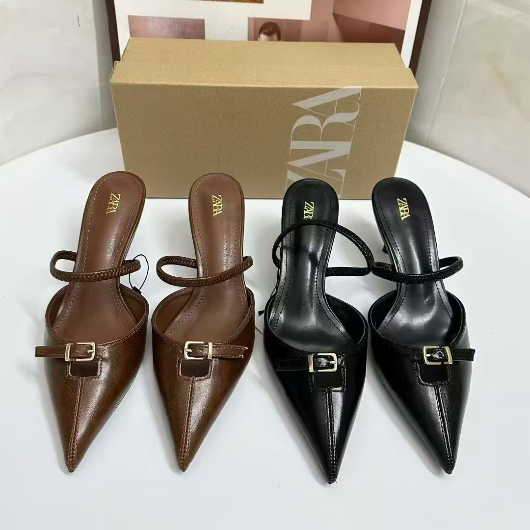 ZA2025 Autumn New Product Shallow Mouth Hollow Fashion High Heels Pointed Black Brown Buckle Muller Fashion Women's Sandals