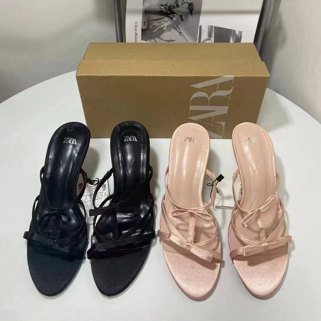 ZA New Product 2024 Round Head Straw High Heels Silk Texture Bow Decoration Thin Heels Open Toe Fashion High Heels Sandals