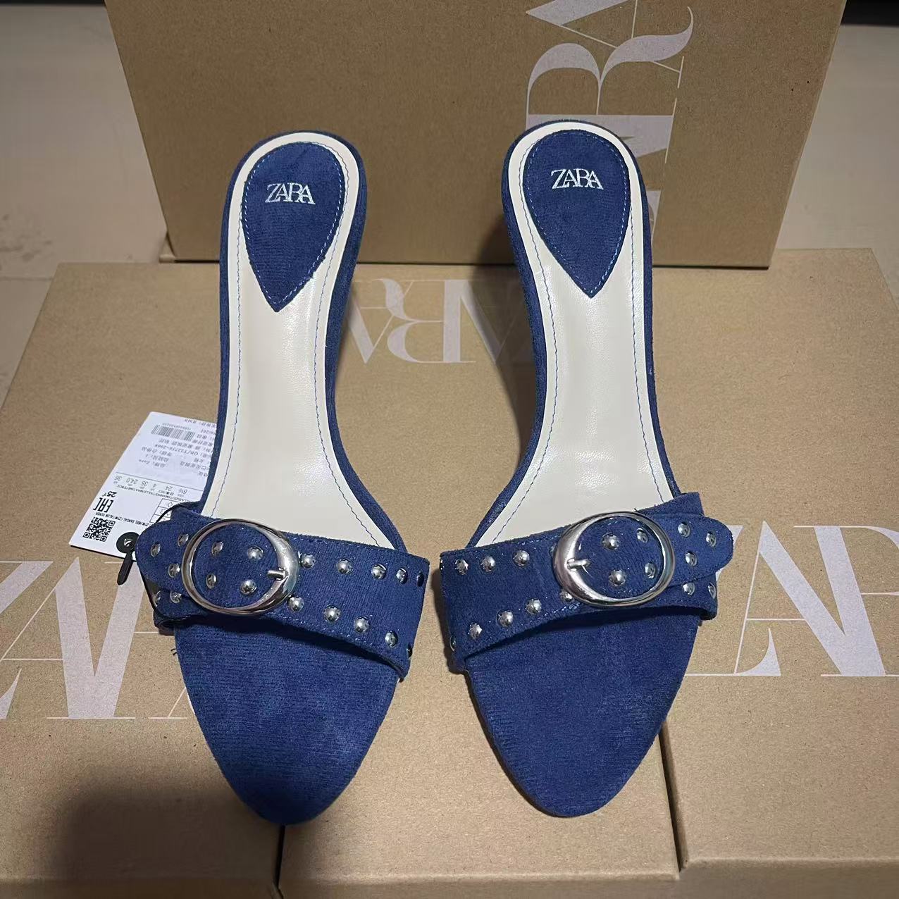 ZA2024 Autumn New White Bottom Blue Pointed Fashion Women's Shoes with Buckle, One Word Style, Daily Versatile Sandals for Women