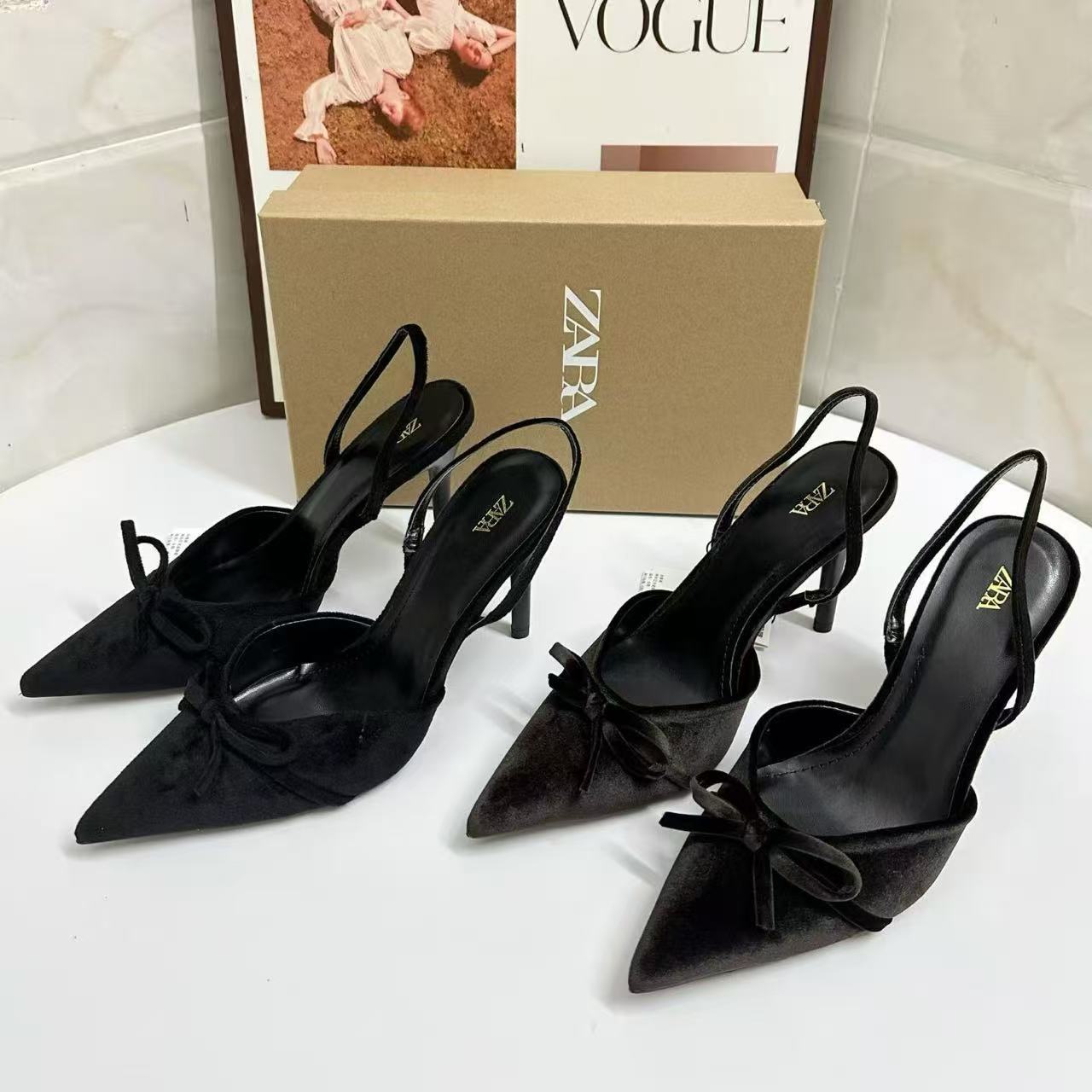 ZA2025 Autumn New Velvet Bow Half Pack Pointed High Heel Sandals for Women, Casual, Fashionable, and Premium