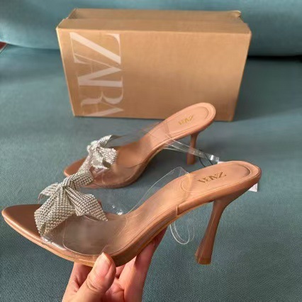 2024 Foreign Trade New Style Square Head Fine Heel Bow Water Diamond Large Hollow Rear Air Sandals for Women Wish Wholesale