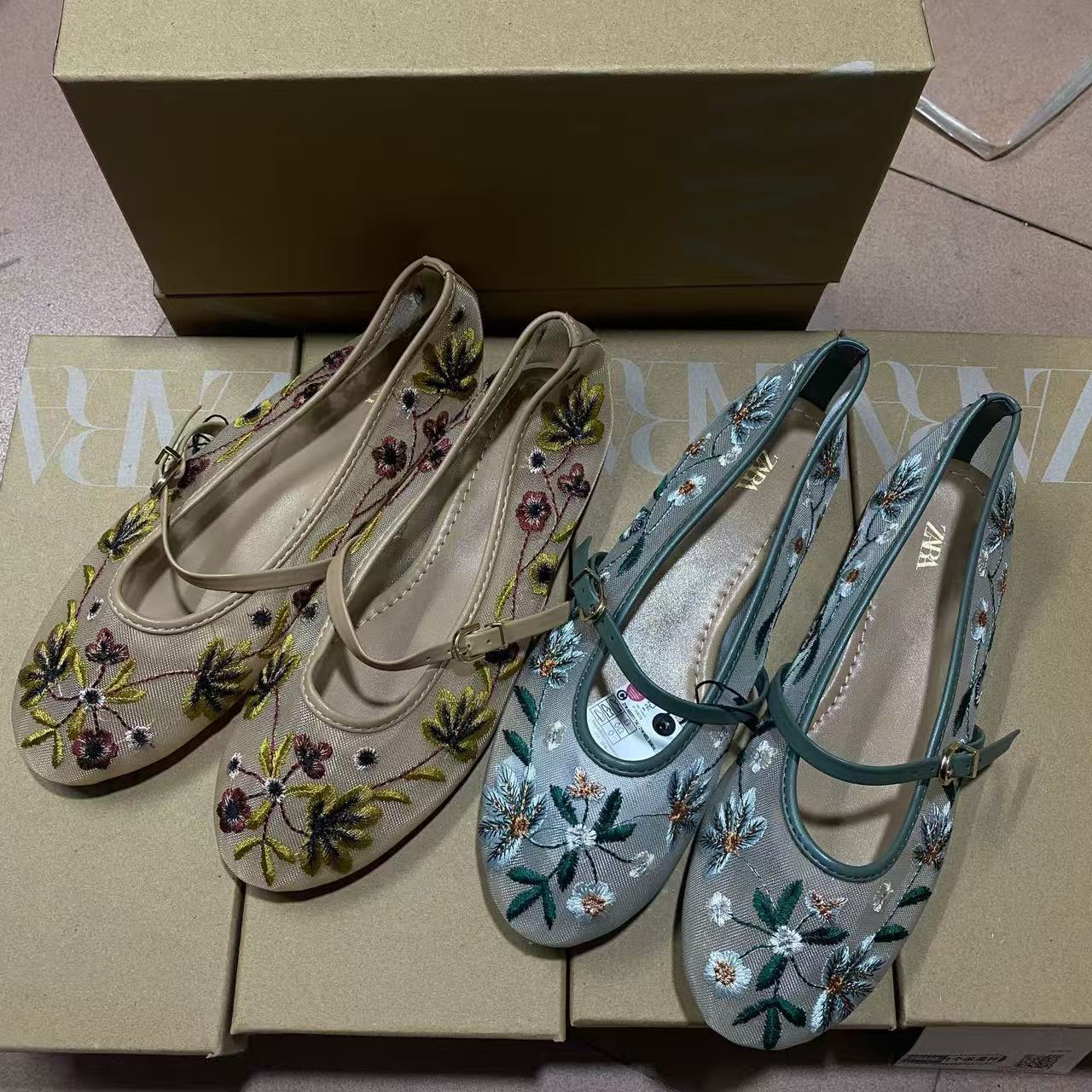 ZA Spain 2024 Autumn New Women's Shoes Round Head Mesh Sand Green Flower Embroidered Mesh Fabric Ballet Flat Bottom